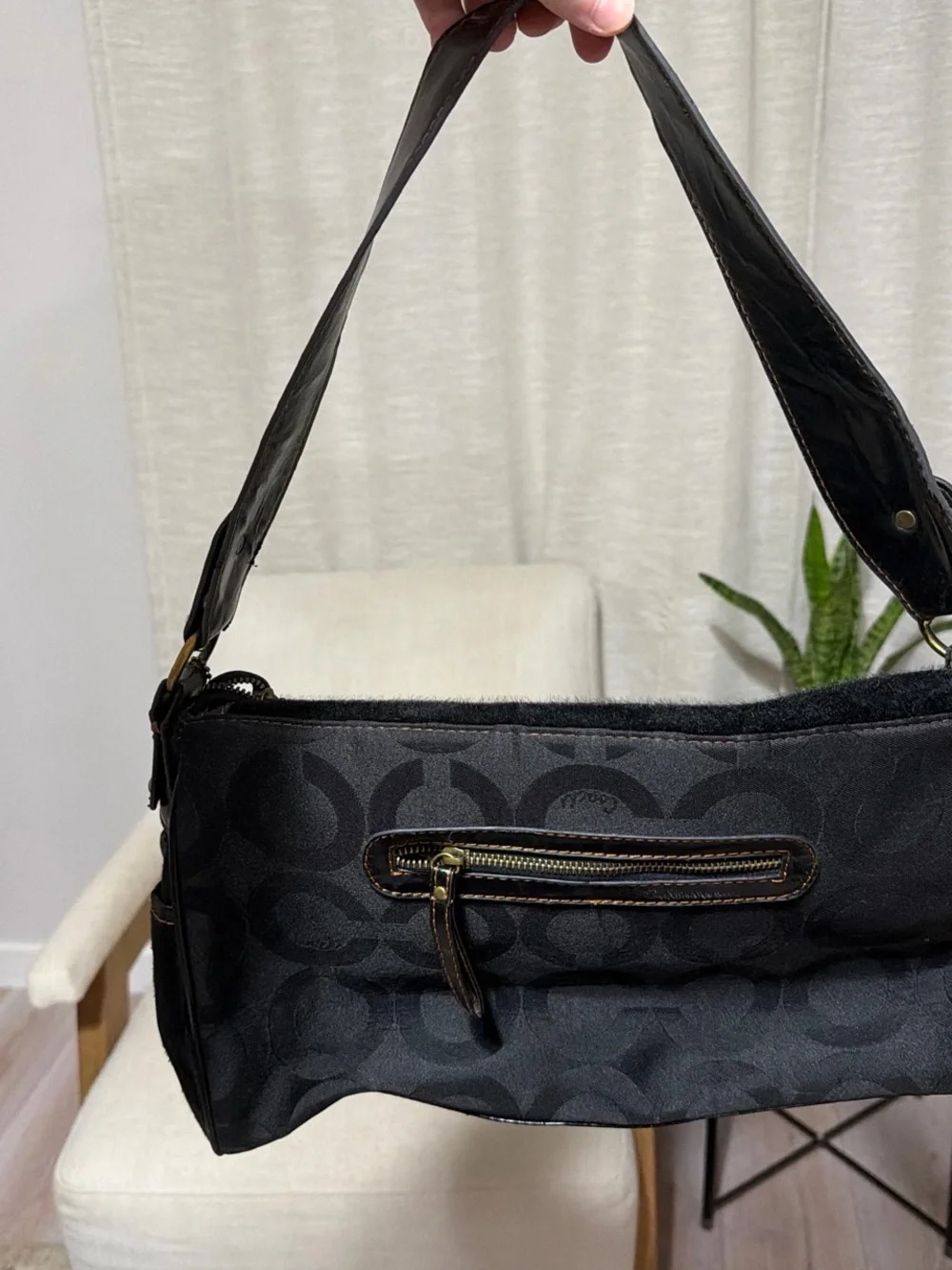 Coach Black Signature Canvas Shoulder Bag with Leather Trim